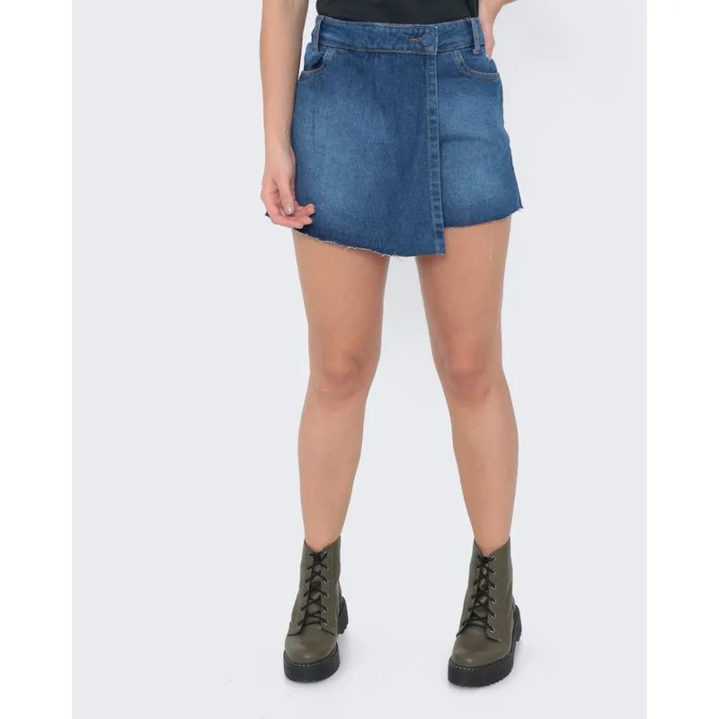 Short Saia Jeans Transpassado Azul 40