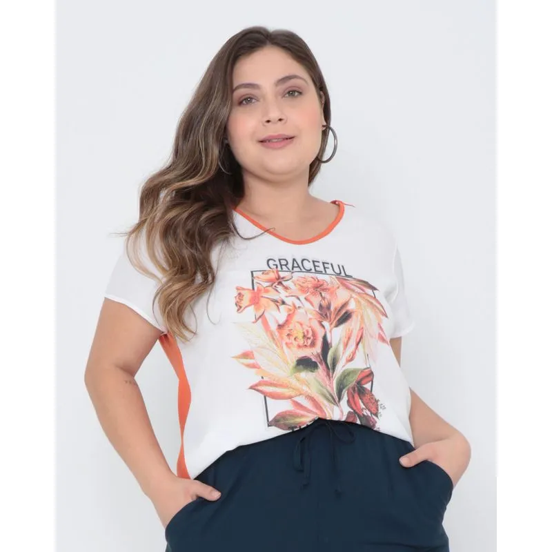 Blusa Plus Size Manga Curta Floral Laranja G3