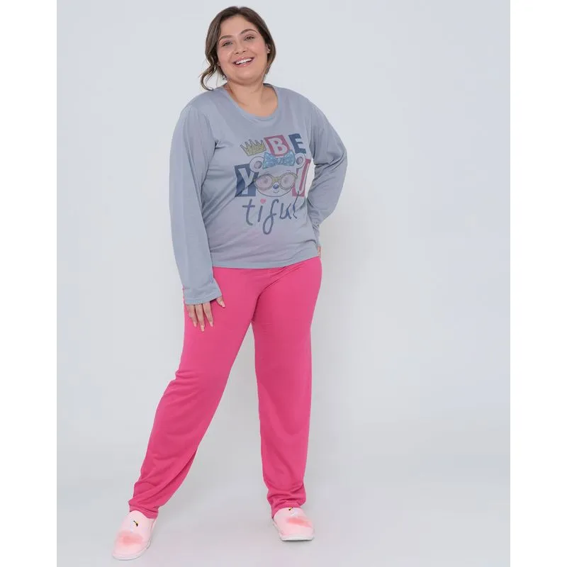 Pijama Plus Size Longo Ursinho Cinza G2