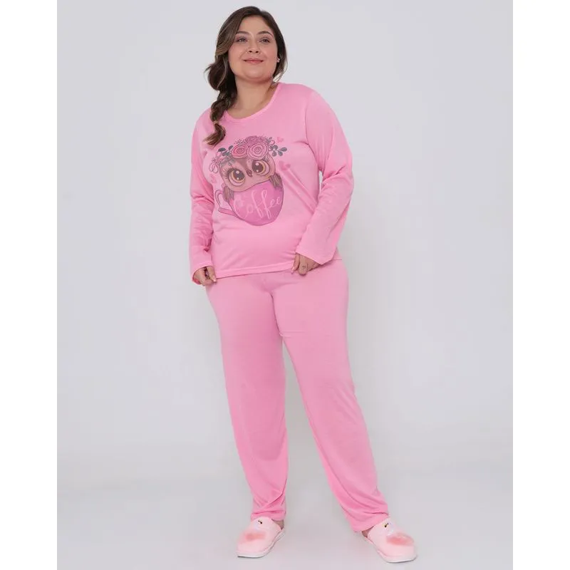 Pijama Plus Size Longo Ursinho Rosa G2