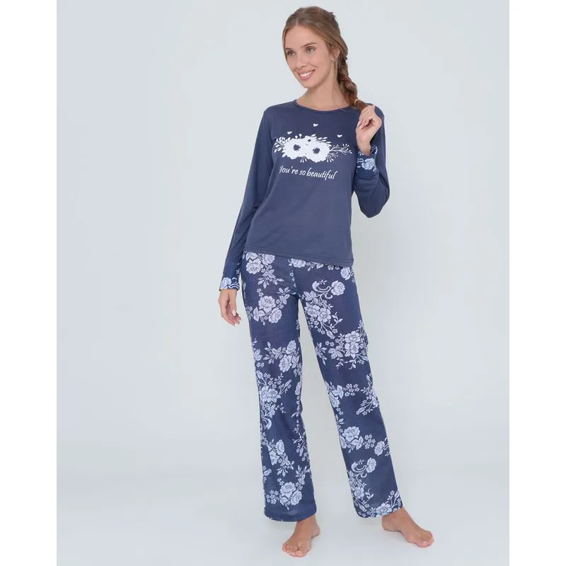 Pijama Longo Estampa Floral Azul Marinho GG