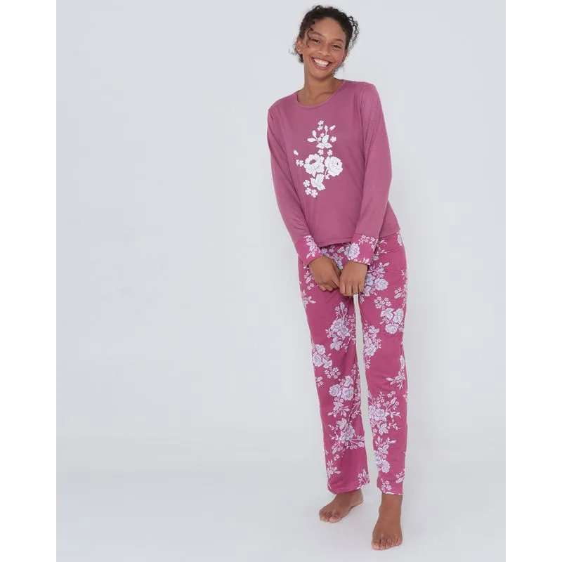 Pijama Longo Estampa Floral Lilás Escuro M