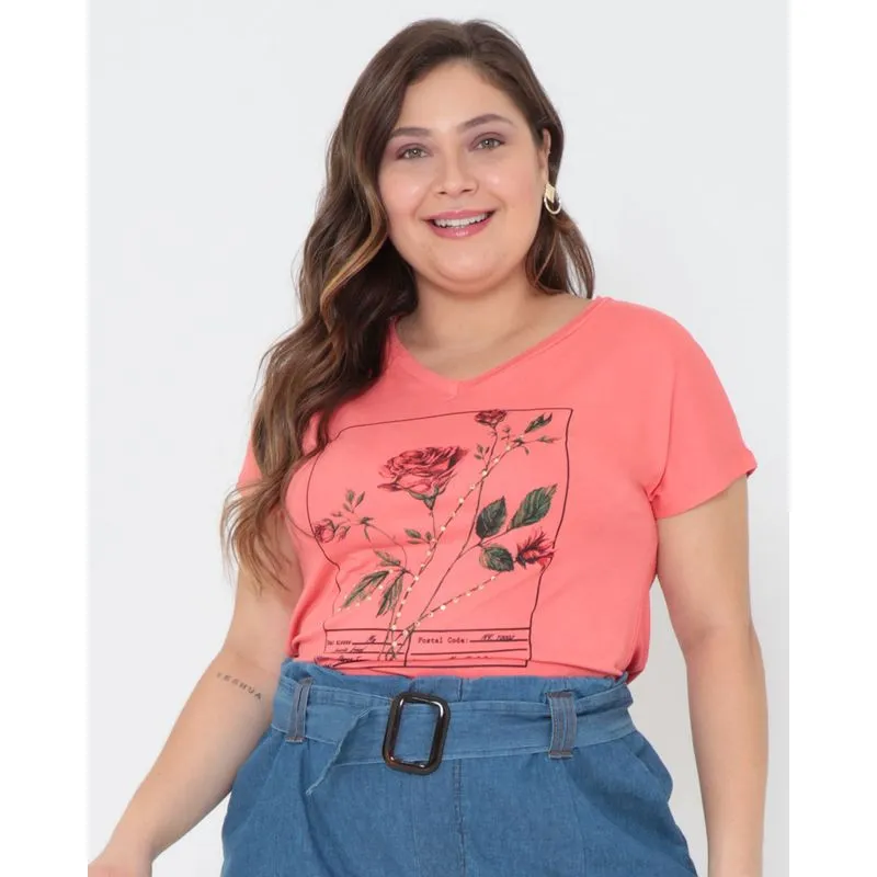 Blusa Plus Size Estampa Detalhe Tachas Laranja G1