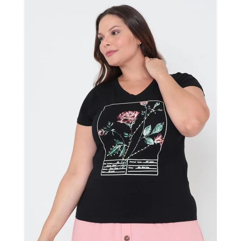 Blusa Plus Size Estampa Detalhe Tachas Preta G2