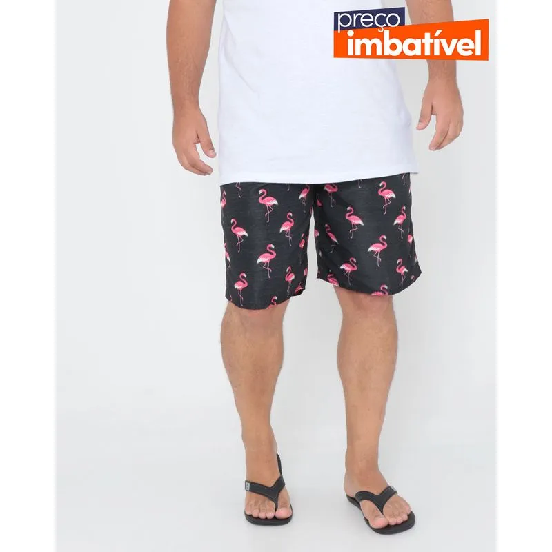 Bermuda Plus Size Estampa Flamingo Preto G1