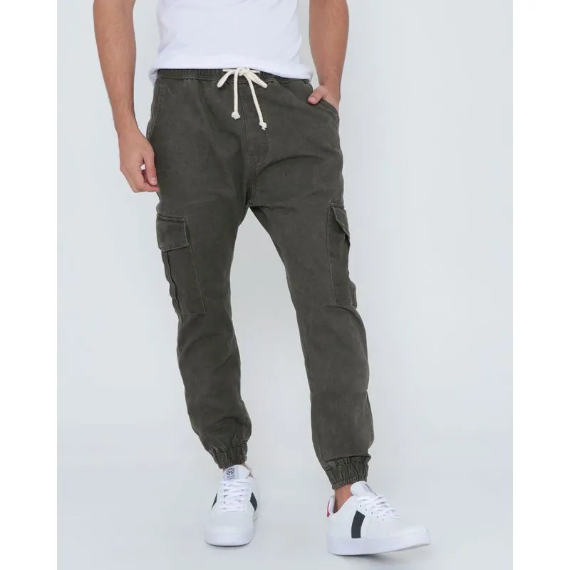 Calça Sarja Masculina Cargo Jogger Verde Escuro 42
