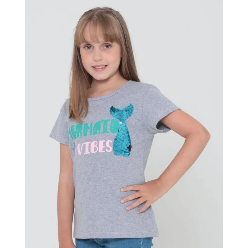 Blusa Infantil Estampa Paetê Reversível Azul Manga Curta Cinza 10