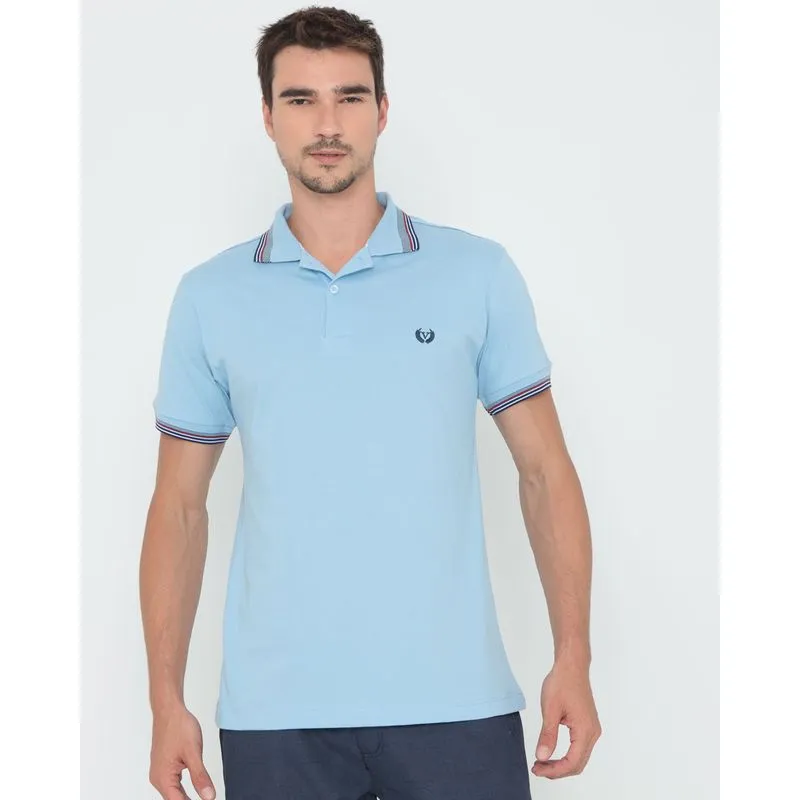 Polo Masculina Manga Curta Com Detalhe na Gola Azul Claro P
