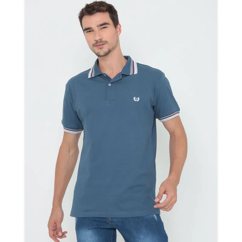 Polo Masculina Manga Curta Com Detalhe Na Gola Azul M