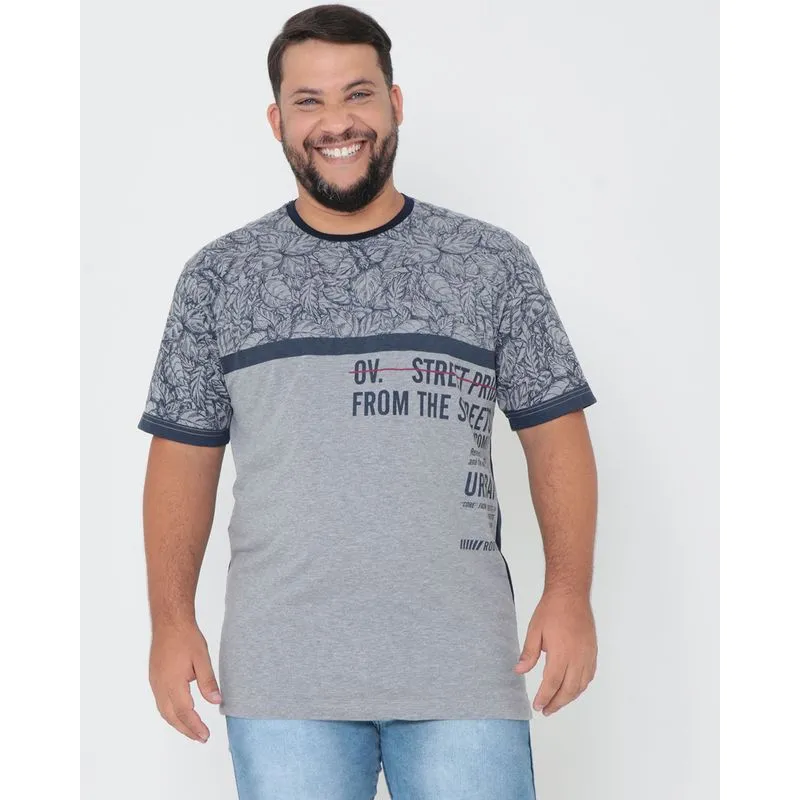 Camiseta Plus Size Estampa Folhas Azul Marinho G1