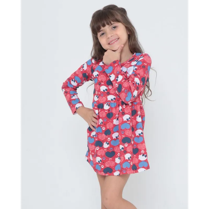 Vestido Infantil Manga Longa Estampado Vermelho 6
