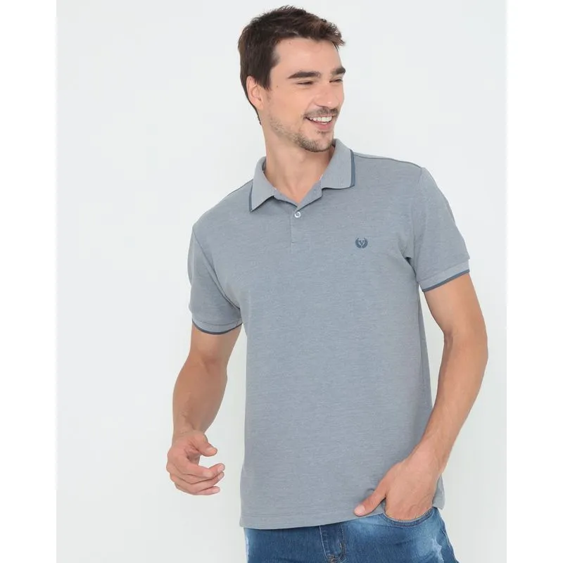 Polo Masculina Manga Curta Com Detalhe na Gola Mescla Cinza Claro G