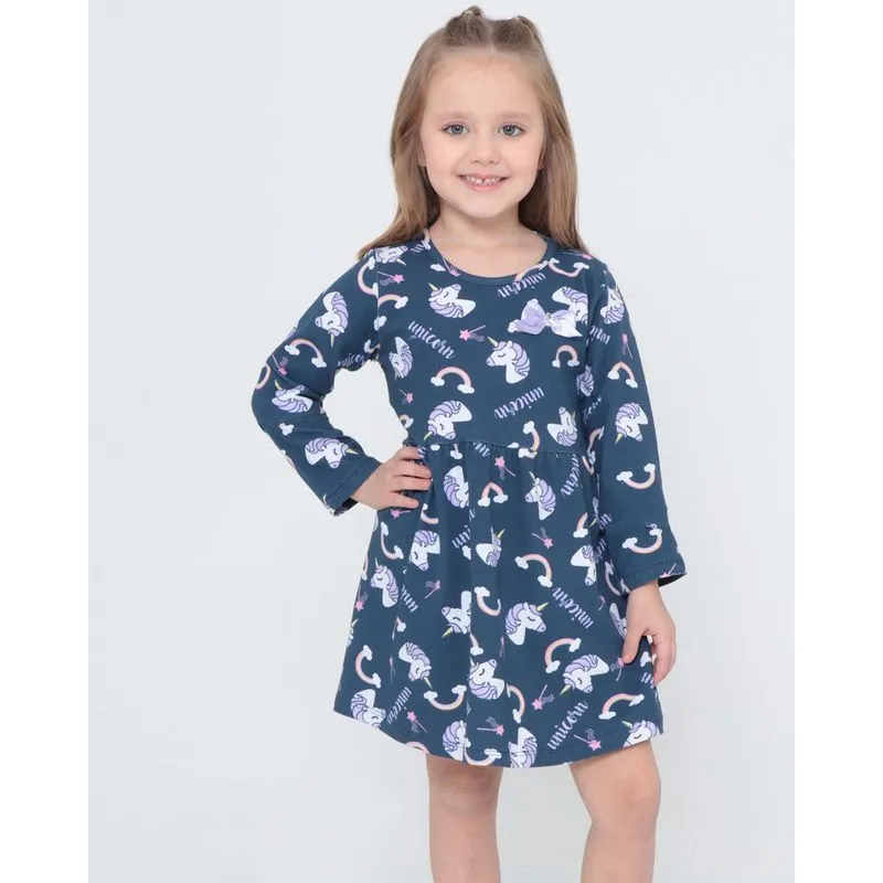 Vestido Infantil Manga Longa Unicórnios Azul Marinho 6