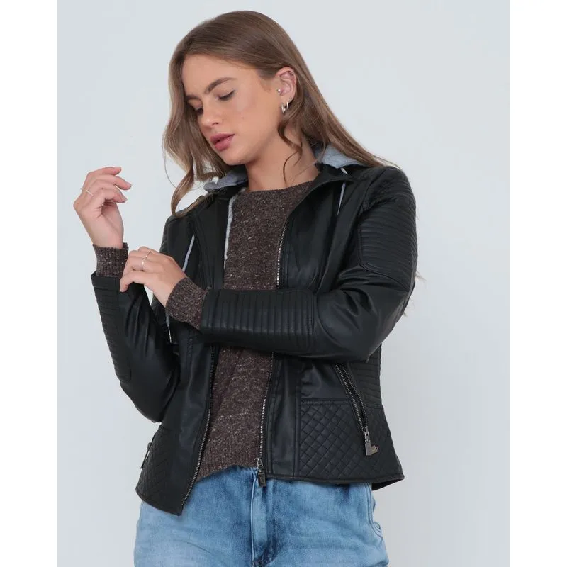 Jaqueta Feminina Sintética Capuz Preto P