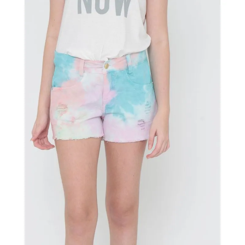 Short Juvenil Tie Dye Destroyed Multicor Rosa 16