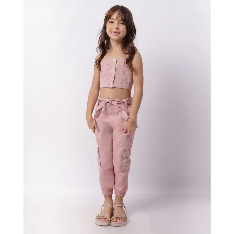 Calça Sarja Infantil Jogger Bolso Cargo Rosa 6