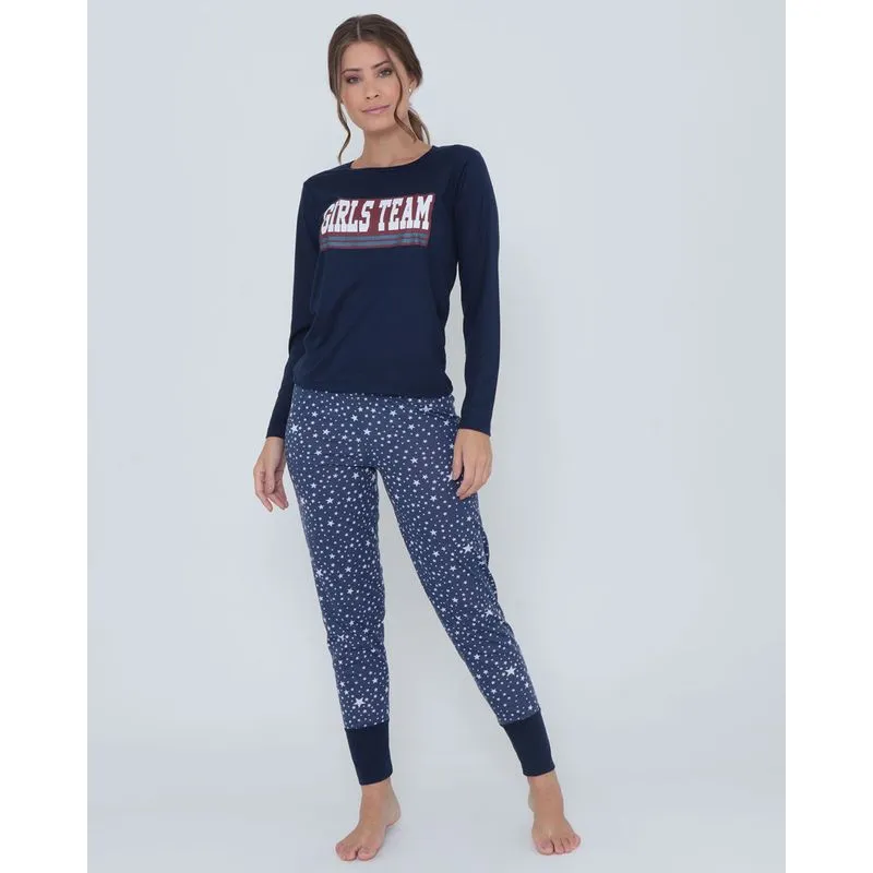 Pijama Feminino Longo Estampado Azul Marinho G