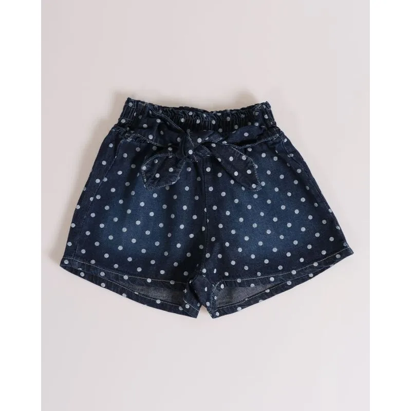 Short Jeans Bebê Com Amarração e Poá Azul Escuro M