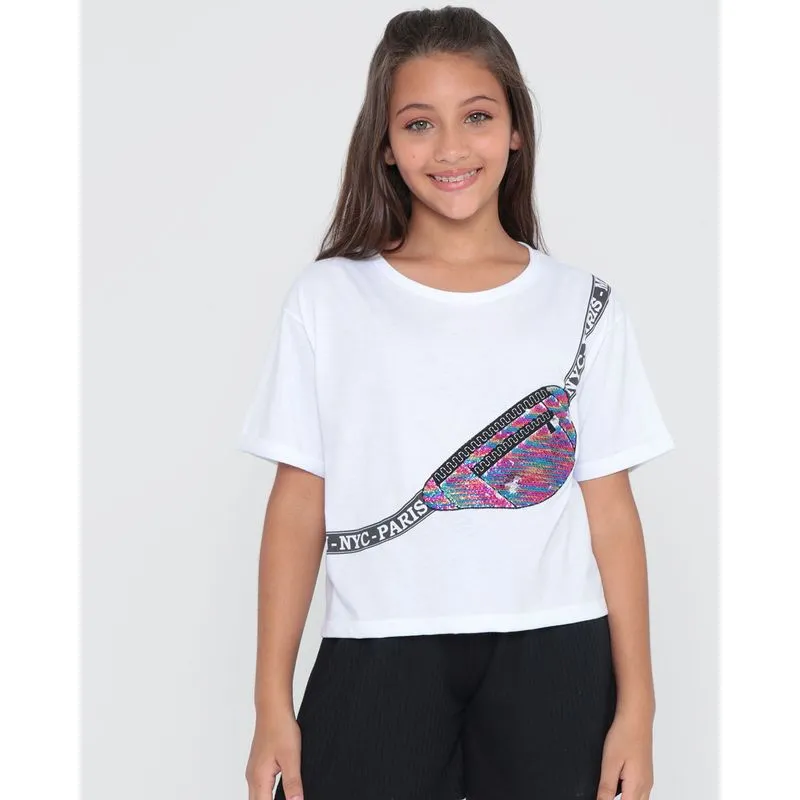 Blusa Juvenil Estampa Pochete Paetê Branca 16