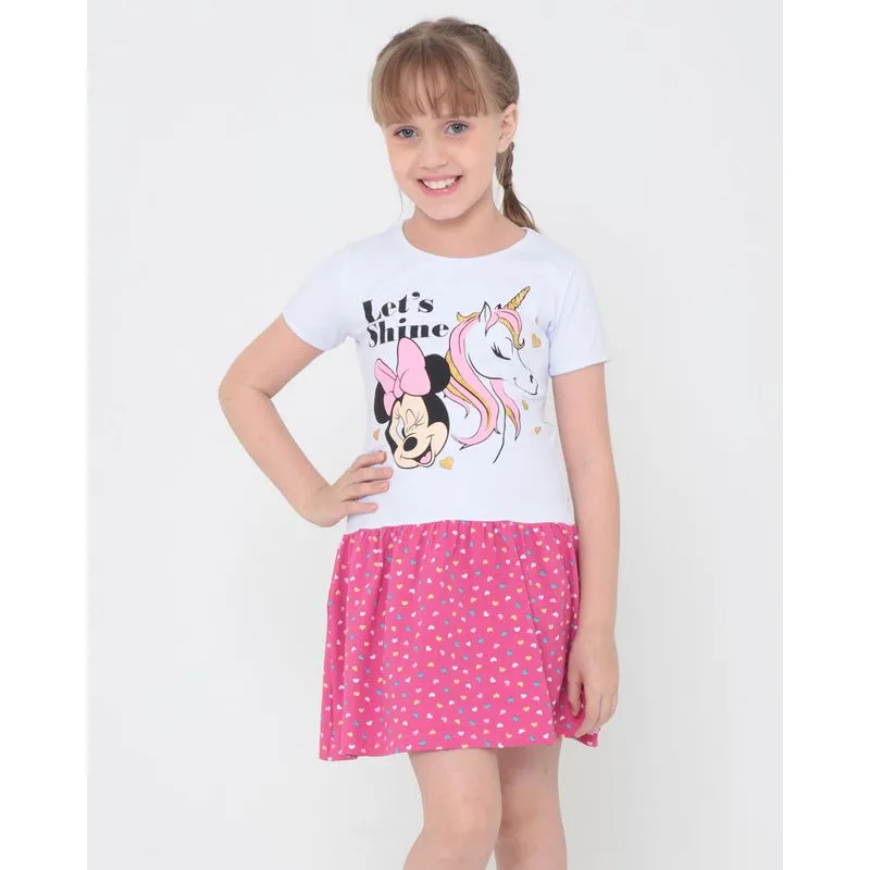 Vestido Infantil Estampa Unicórnio e Minnie Disney Branco 10