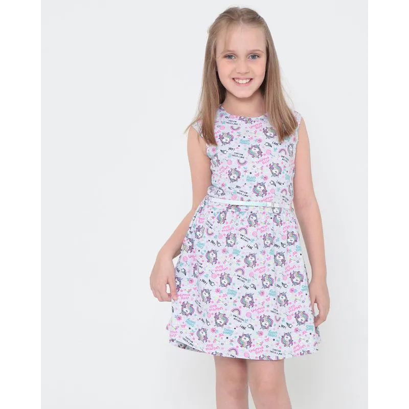 Vestido Infantil Com Cinto Unicórnio Mescla Cinza Claro 8