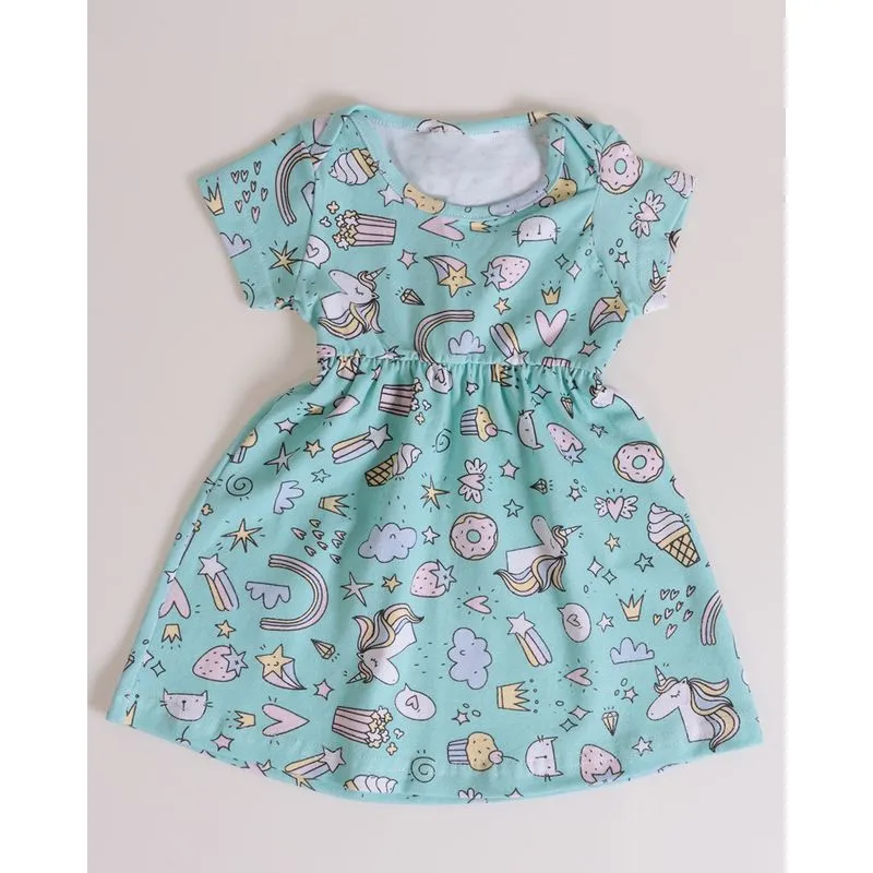 Vestido Bebê Unicórnios e Donuts Verde Claro M