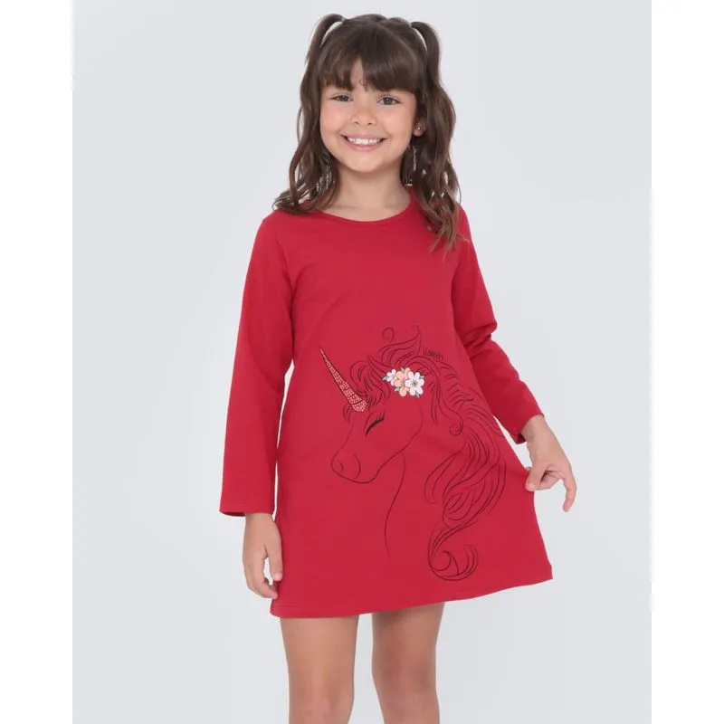 Vestido Infantil Estampa Unicórnio Vermelho 8