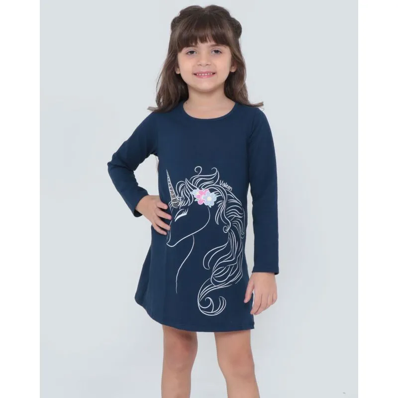 Vestido Infantil Estampa Unicórnio Azul Marinho 4