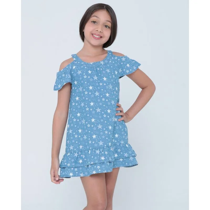 Vestido Infantil Open Shoulder Estampado Azul Claro 4