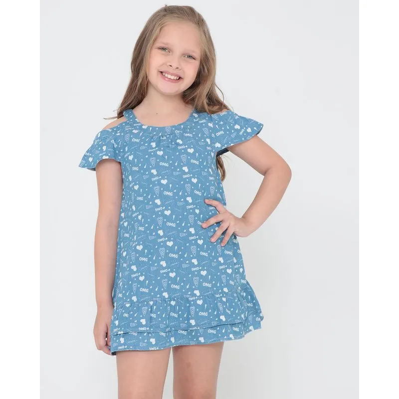 Vestido Infantil Open Shoulder Estampado Azul 4