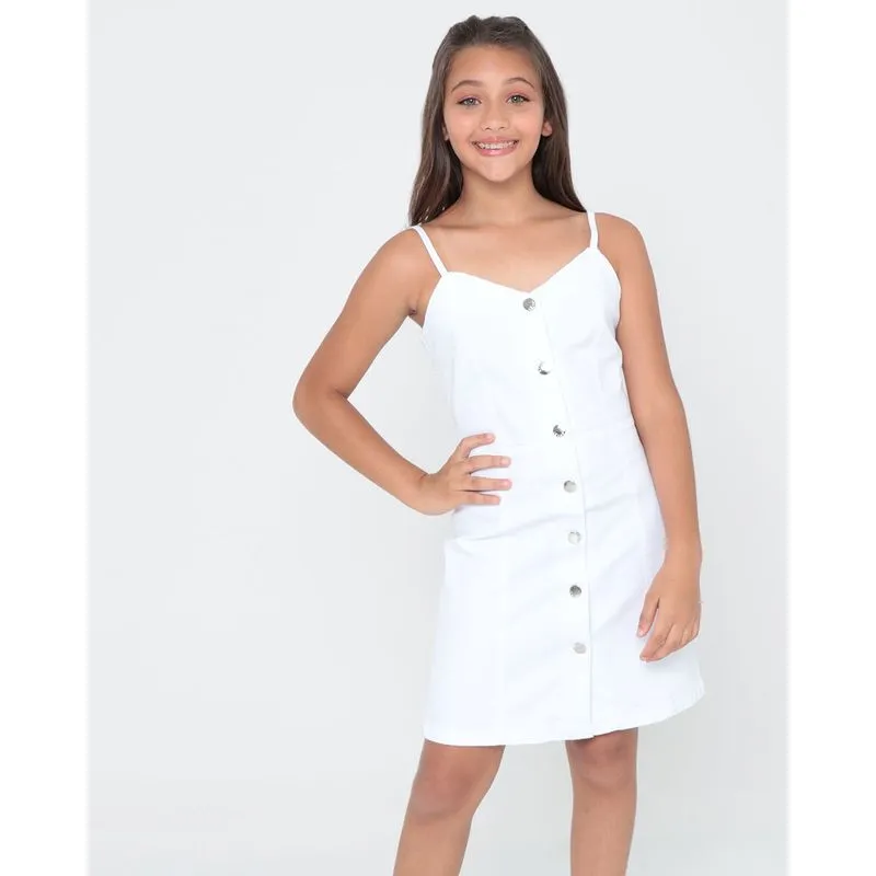 Vestido Jeans Juvenil Alcinha Botões Branco 16