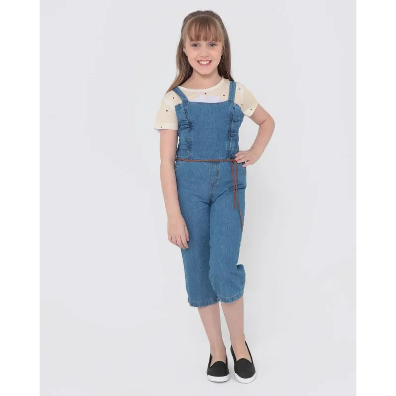 Macacão Jeans Infantil Pantacourt Acompanha Cinto Azul 4