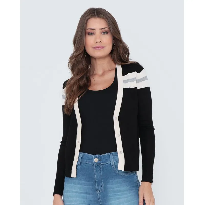Cardigan Feminino Tricô Listrado Preto G