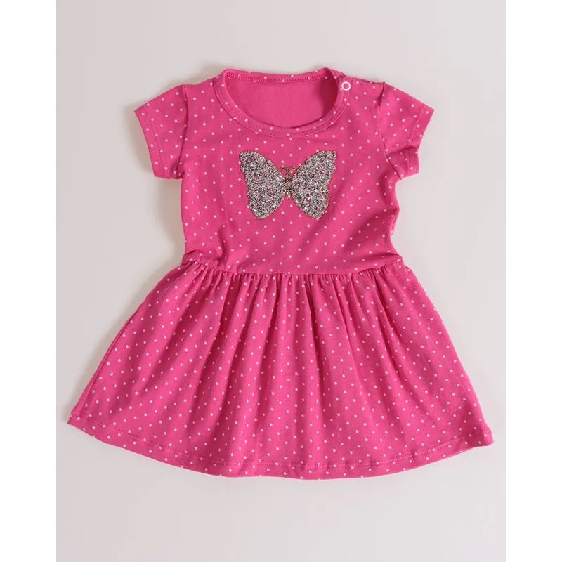 Vestido Bebê Estampado Poá e Borboleta Com Brilho Rosa P