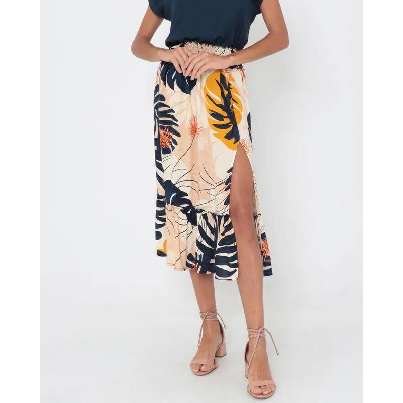 Saia Midi Lastex Fenda Floral Bege M