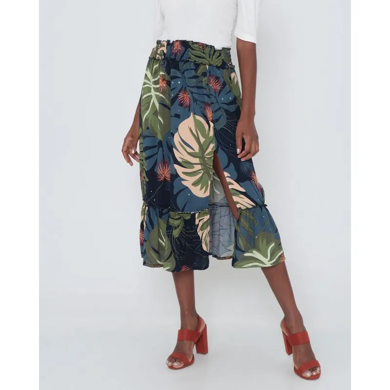 Saia Midi Lastex Fenda Floral Marinho P