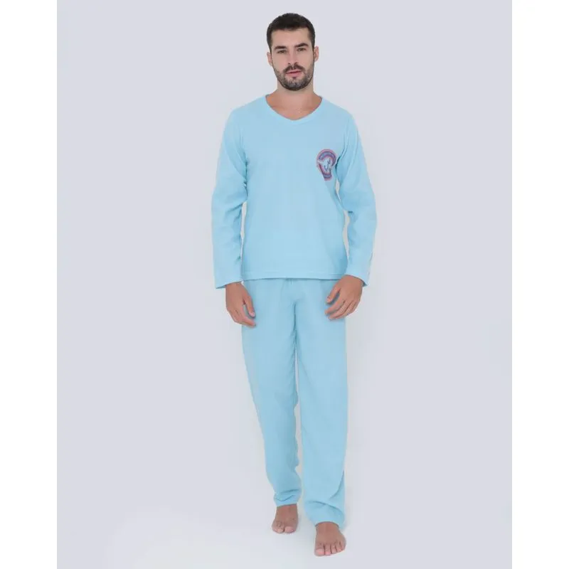 Pijama Masculino Longo Malha Soft Estampado Azul Claro M