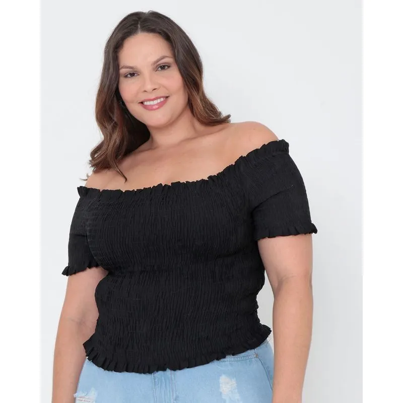 Blusa Plus Size Ciganinha Lastex Preta G2