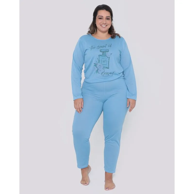Pijama Feminino Plus Size Longo Estampado Azul Claro G3