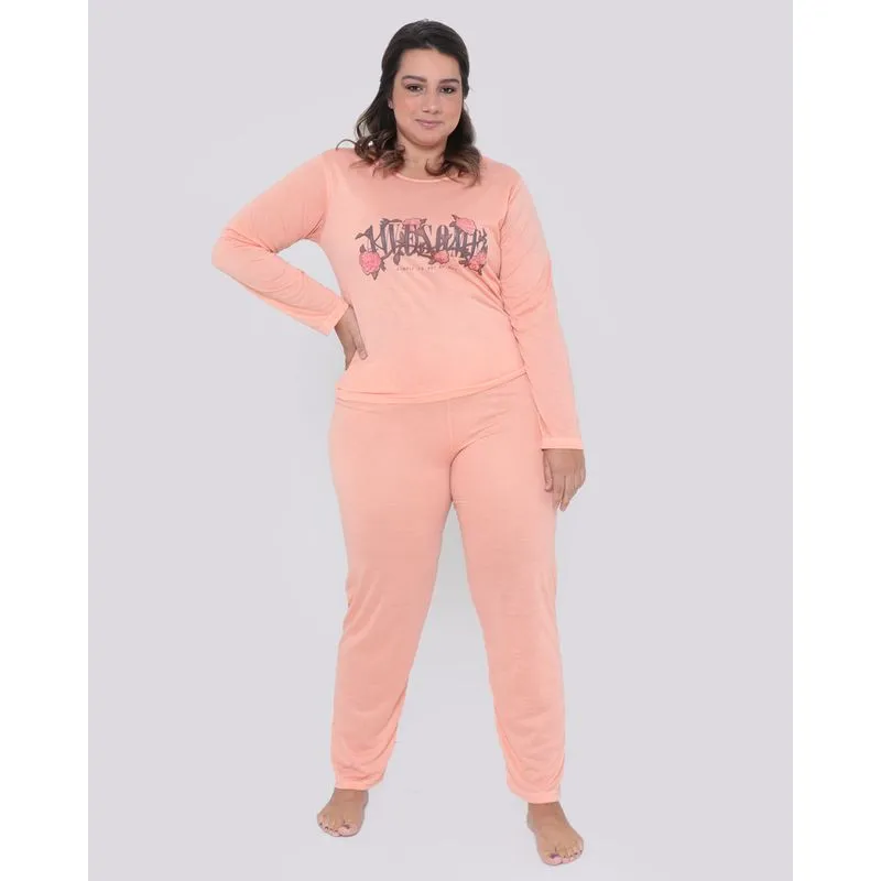 Pijama Feminino Plus Size Longo Estampado Laranja Claro G1