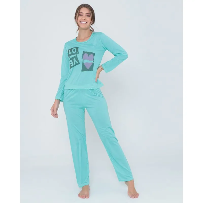 Pijama Feminino Longo Estampado Verde Claro M