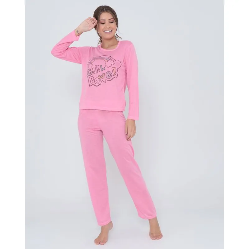 Pijama Feminino Longo Estampado Rosa Claro G