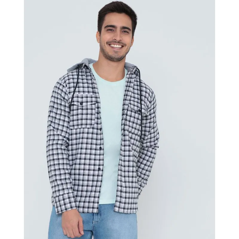 Camisa Flanela Com Capuz Xadrez Cinza G