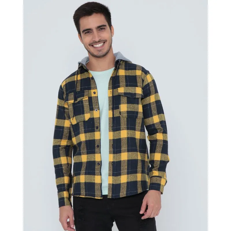 Camisa Flanela Com Capuz Xadrez Mostarda GG