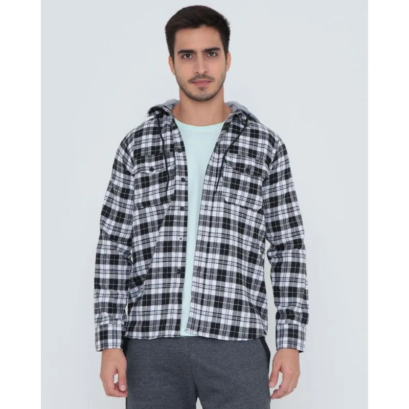 Camisa Flanela Com Capuz Xadrez Preta GG