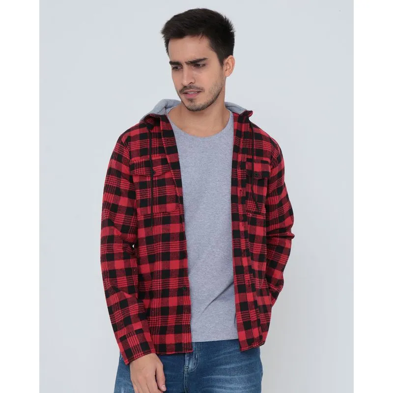 Camisa Masculina Flanelada Capuz xadrez vermelha G