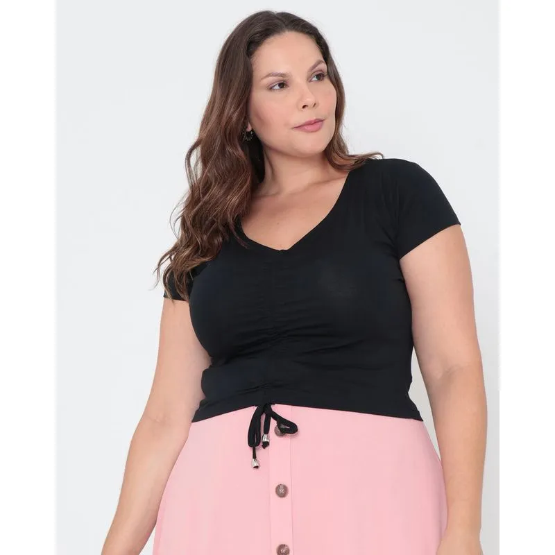 Blusa Plus Size Franzido Amarração Preta G1