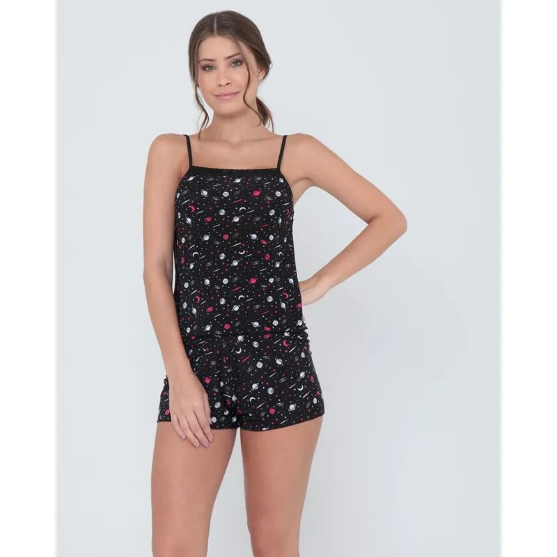 Pijama Short Doll Estampado Preto G