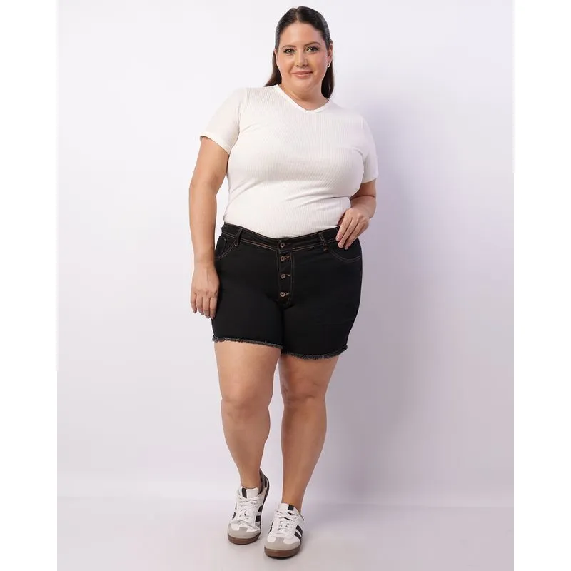 Short Jeans Plus Size Feminino Barra Desfiada Preta 52