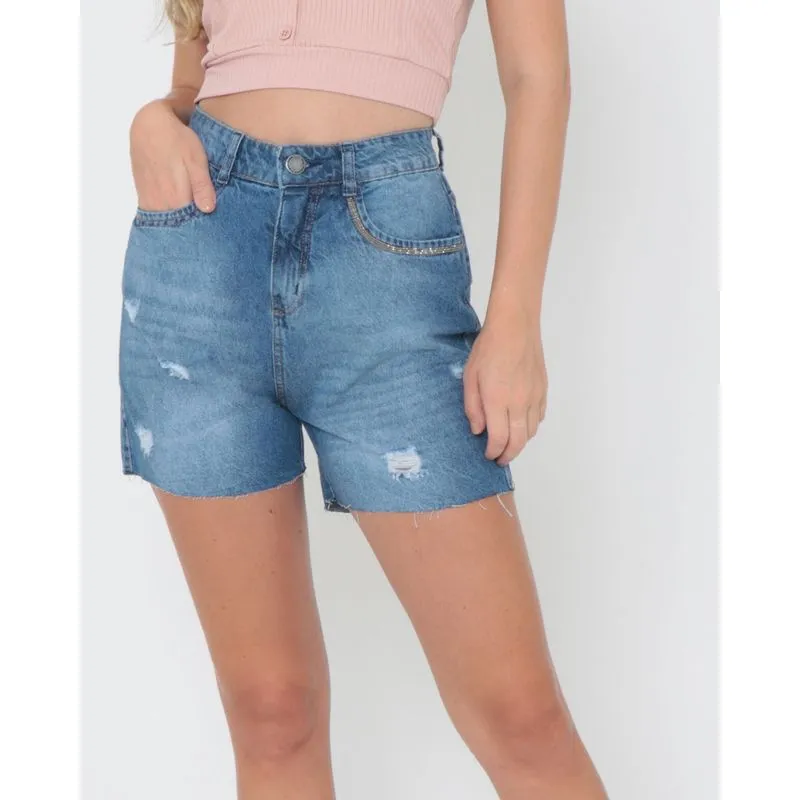 Bermuda Jeans Feminina Pedraria Puídos Azul 48